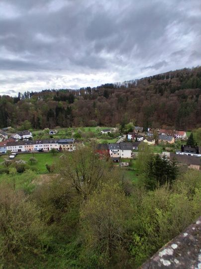 Un paysage vert avec de petites maisons et des forêts. Le ciel est nuageux et c'est un environnement rural calme.