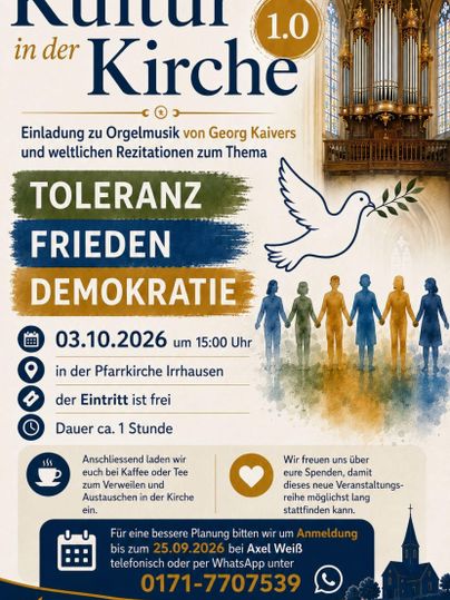 Ein Veranstaltungsplakat für ein Konzert in der Kirche. Es beschreibt das Thema Toleranz, Frieden und Demokratie und gibt Details zu Datum, Uhrzeit und Eintritt.