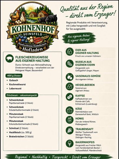 Un aperçu des produits régionaux de la Kohnenhof à Seinsfeld. L'image montre des produits carnés, des œufs, des pâtes et d'autres aliments locaux.