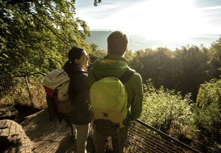 Zwei Wanderer mit Rucks&auml;cken stehen an einem Gel&auml;nder und blicken in die sonnige, bewaldete Landschaft., &copy; Dominik Ketz