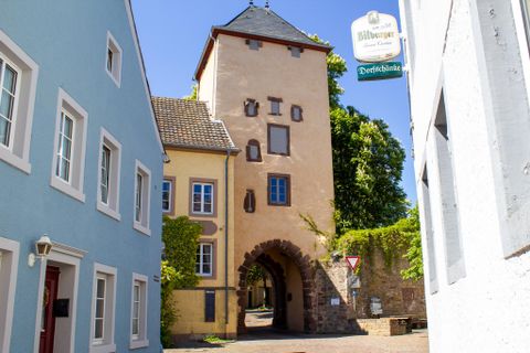 Ein historischer Turm in einer malerischen Altstadtstraße. Die Gebäude sind bunt und gut erhalten, umgeben von grünem Laub.