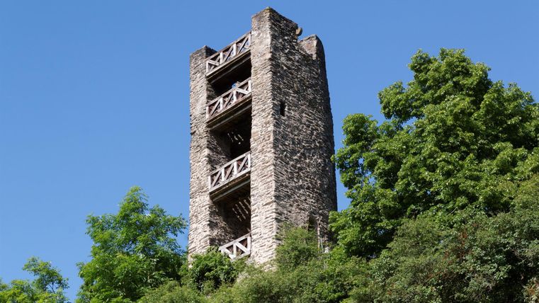 Een historische stenen toren, omringd door bomen en groene struiken. De lucht is helder en blauw.