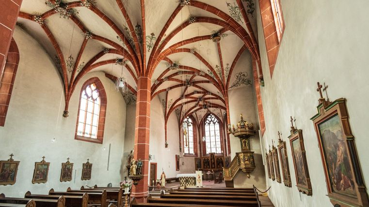 Eine beeindruckende Kircheninnenansicht mit hohen, gewölbten Decken und prächtigen Holzbankreihen. An den Wänden hängen kunstvolle Gemälde, die die Atmosphäre bereichern.