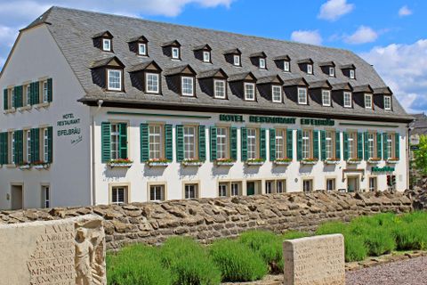 Ein charmantes Hotelgebäude mit traditioneller Architektur und grünen Fensterläden. Der Außenbereich ist gepflegt und lädt zum Verweilen ein.
