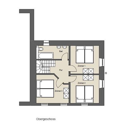Eine einfache Grundrisszeichnung des Obergeschosses eines Hauses. Es zeigt drei Schlafzimmer, ein Badezimmer und einen Flur.
