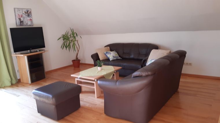 A cozy living room with a dark sofa and a coffee table. In the background, there is a television and a plant pot.