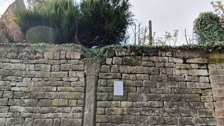 Eine Mauer aus Steinen, die von Pflanzen und Bäumen überragt wird. Im Vordergrund ist ein weißes Schild sichtbar.