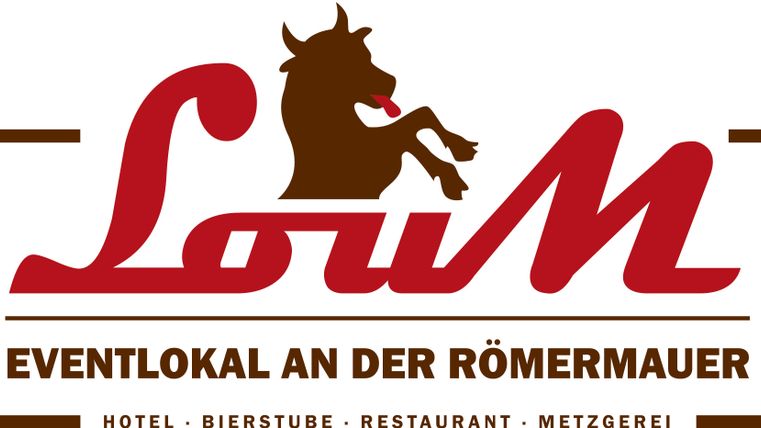 Ein Logo für das Eventlokal "Loum" an der Römermauer. Es zeigt ein stilisiertes Tier und informiert über die angebotenen Dienstleistungen: Hotel, Bierstube, Restaurant und Metzgerei.