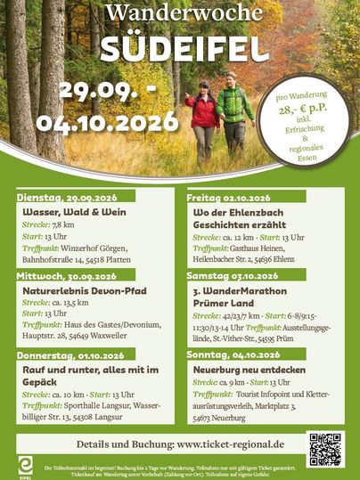 Ein Informationsplakat zur Wanderwoche in der Südeifel vom 29. September bis 4. Oktober 2026. Es zeigt verschiedene Veranstaltungen und Aktivitäten, die während dieser Woche angeboten werden.
