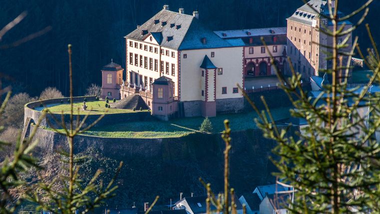 Eine beeindruckende Burg auf einem Hügel, umgeben von Bäumen. Der klare Himmel hebt die Architektur des Gebäudes hervor.