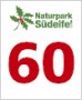 Logo des Naturparks Südeifel mit roter Zahl 60 und grünem Schriftzug, verziert mit einem Blattmotiv.
