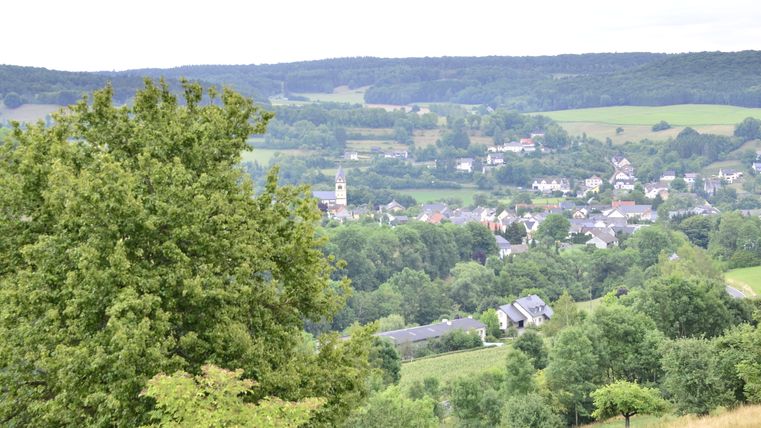 Panoramablick auf das Dorf Oberweis mit Kirche und umliegender Landschaft.