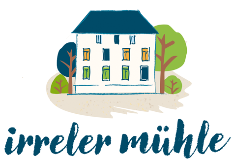 Une image simple et stylisée d'une maison avec des fenêtres colorées et des arbres. En dessous se trouve l'inscription "irrelere mühle".