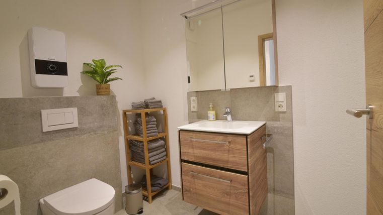 Een moderne badkamer met een houten wastafel, spiegel en een plant. De muren zijn licht betegeld, en er is een toilet en een handdoekhouder.
