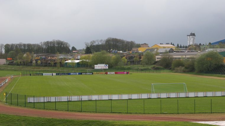 Een voetbalveld met goed verzorgd gras en twee doelen. Op de achtergrond zijn bomen en gebouwen zichtbaar.