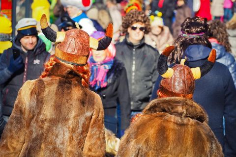 Zwei Personen in Vikinverkleidung mit Hörnerhelmen stehen inmitten einer bunten Menge. Es herrscht eine festliche Stimmung bei einer Veranstaltung oder Parade.