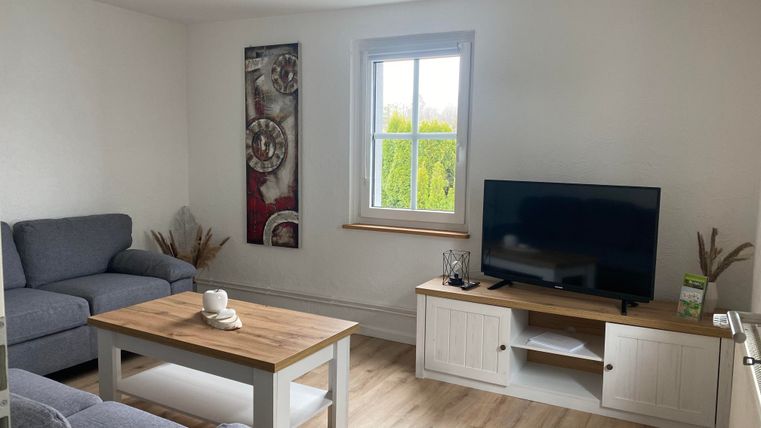 Ein gemütliches Wohnzimmer mit zwei grauen Sofas und einem Holztisch. Der Fernseher steht auf einem weißen TV-Schränkchen und ein großes Fenster lässt viel Tageslicht herein.