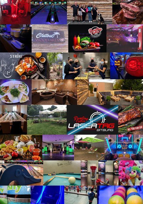 Das Bild zeigt eine Collage aus verschiedenen Freizeitaktivitäten wie Bowling, Laser-Tag und Restaurants. Es sind Speisen, Getränke und bunte Unterhaltungsbereiche zu sehen.