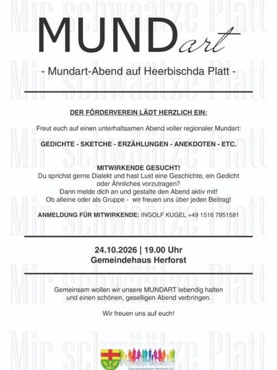 Ein Veranstaltungsplakat für einen Mundart-Abend. Es lädt zur Teilnahme an Gedichten, Sketches und Erzählungen ein.