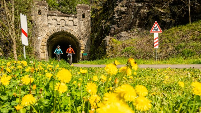 Zwei Radfahrer fahren aus einem alten Bahntunnel auf einem Radweg, umgeben von blühendem Löwenzahn.