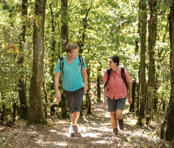 Zwei Wanderer gehen lächelnd auf einem Waldweg am Lätgesberg, umgeben von dichtem, grünem Laub., © Eifel Tourismus GmbH, D. Ketz
