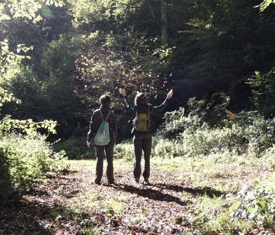 Zwei Personen im Wald werfen Herbstbl&auml;tter in die Luft. Sonnenlicht f&auml;llt durch die B&auml;ume und erzeugt eine herbstliche Atmosph&auml;re., &copy; TI Bitburger Land