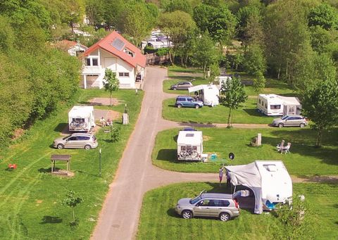 Un camping bien entretenu avec plusieurs camping-cars et véhicules. Entouré de paysages verdoyants et d'arbres.