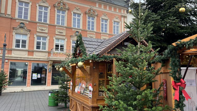 Ein festlich geschmückter Weihnachtsstand mit Tannenbäumen in einer Stadt. Im Hintergrund ist ein historisches Gebäude zu sehen.