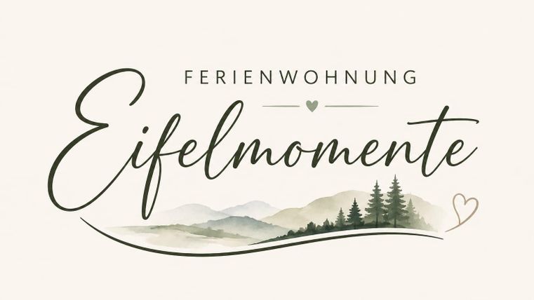 A stylish logo for a holiday apartment named "Eifelmomente". It features a picturesque landscape with mountains and soft focus in gentle colors.