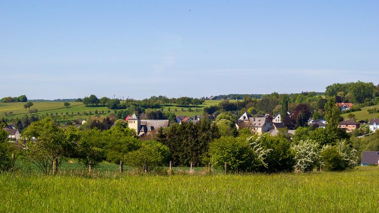 Eine malerische Landschaft mit sanften Hügeln und einem kleinen Dorf im Hintergrund. Die Wiese ist grün und voller Bäume.