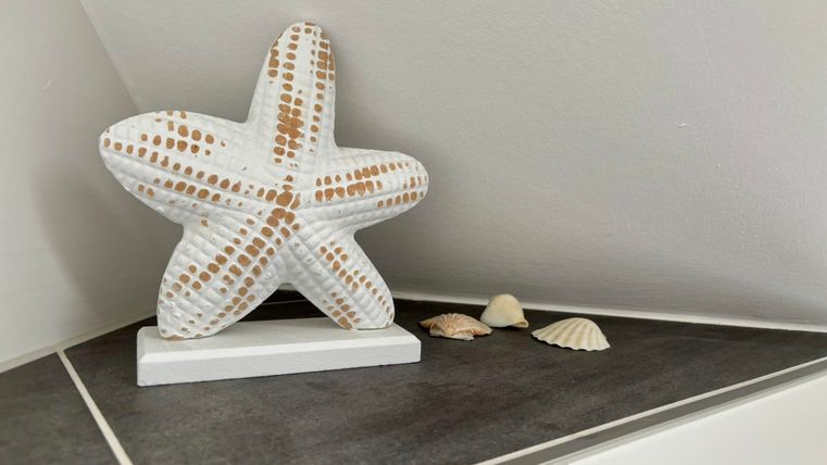 Ein dekorativer Stern aus Keramik steht auf einer Ablage. Daneben liegen einige kleine Muscheln.