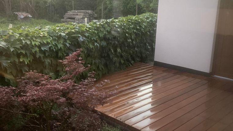 Een verzorgde tuin met een houten terras en groene planten. Op de achtergrond zijn struiken en bomen te zien.