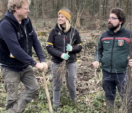 Unter der Leitung von F&ouml;rster Julian Gr&ouml;ber haben viele Freiwillige bei der Baumpflanzaktion in Ernzen geholfen. (v. l. n. r.: Bruno Zwank (Gesch&auml;ftsf&uuml;hrer der Felsenland S&uuml;deifel Tourismus GmbH), Anna Carina Krebs (Tourismusmanagerin der Felsenland S&uuml;deifel Tourismus GmbH) und Julian Gr&ouml;ber (Revierf&ouml;rster)., &copy;  Felsenland S&uuml;deifel Tourismus GmbH 