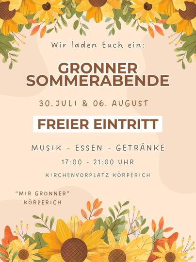 Ein einladendes Plakat für die Gronner Sommerabende. Es zeigt das Datum, freier Eintritt und Informationen zu Musik, Essen und Getränken.