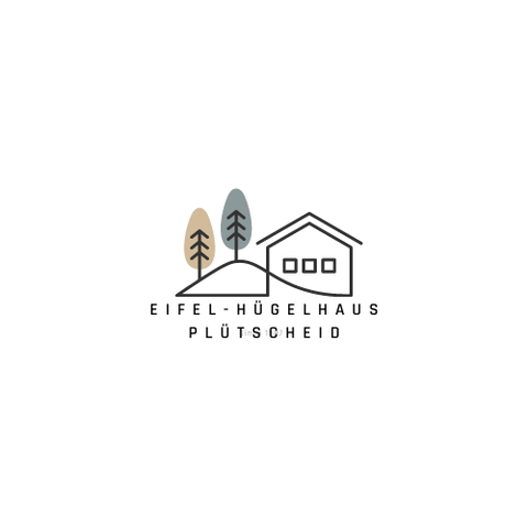 Un logo simple et moderne avec une maison et des arbres stylisés. Le texte "Eifel-Hügelhaus Plütscheid" est clairement et distinctement placé au centre.