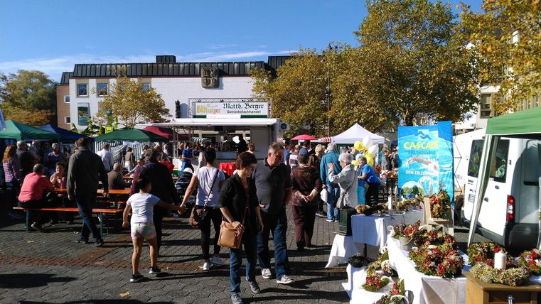 A lively marketplace with many visitors and colorful market stalls. In the background, trees and stands with various goods can be seen.