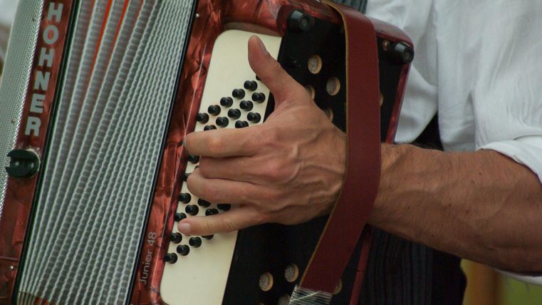 Eine Hand spielt ein Akkordeon. Das Instrument hat eine rote Oberfläche und schwarze Tasten.