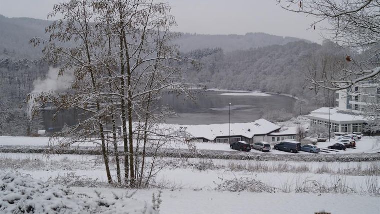 Un paysage enneigé avec un lac et des arbres recouverts de neige. En arrière-plan, quelques bâtiments et voitures sont visibles.