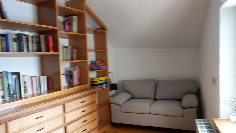 Een gezellige kamer met een grijs bank en een houten boekenwand. De kamer is licht en vriendelijk.