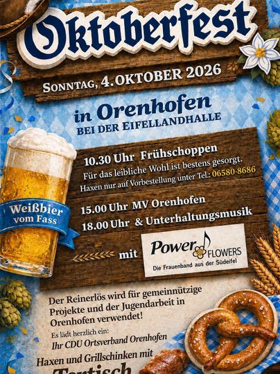 Ein Plakat für das Oktoberfest, das am 4. Oktober 2026 in Orenhofen stattfindet. Es enthält Informationen zu Veranstaltungen, Uhrzeiten und Angeboten wie Bier und Brezeln.