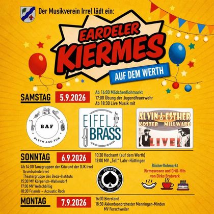 Ein buntes Plakat für das Eardeler Dorffest mit Veranstaltungsdaten. Im Hintergrund sind Palmen und ein schöner Sonnenuntergang zu sehen.