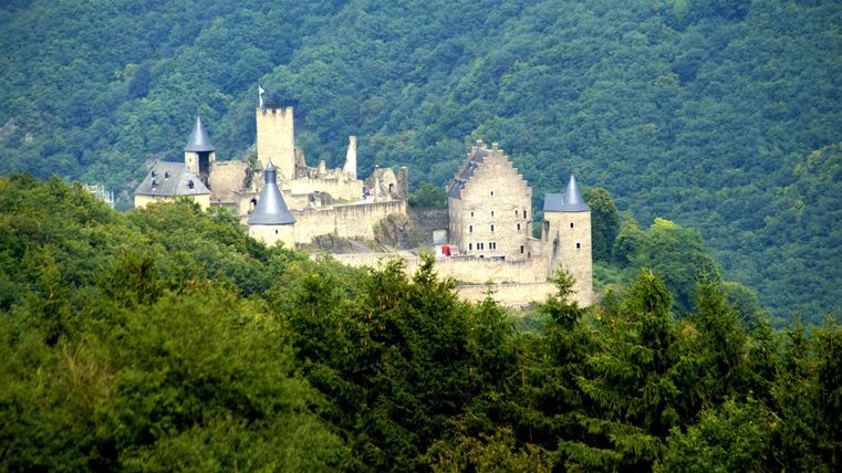 Un château impressionnant sur une colline, entouré de forêts denses. Les montagnes verdoyantes offrent un cadre pittoresque.