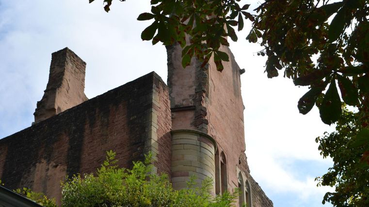 Une vieille ruine avec des murs partiellement conservés et des plantes qui poussent dessus. Le ciel est nuageux et la vue est encadrée par des feuilles vertes.