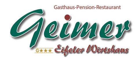 Un logo pour l'auberge Geimer, qui est aussi une pension et un restaurant. Sous le nom se trouve "Eifeler Wirtshaus" et trois étoiles sont représentées.