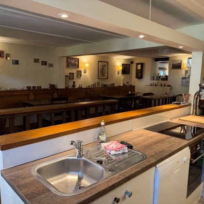 Une cuisine moderne avec un plan de travail en bois et un évier en acier inoxydable. À l'arrière-plan se trouve une salle à manger confortable avec des chaises en bois et des tableaux accrochés au mur.