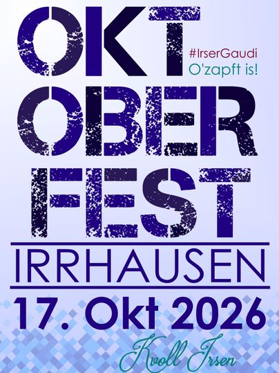 Ein Plakat für das Oktoberfest mit Informationen über eine Blasmusikveranstaltung in Irhausen. Das Event findet am 18. Oktober ab 20 Uhr statt.