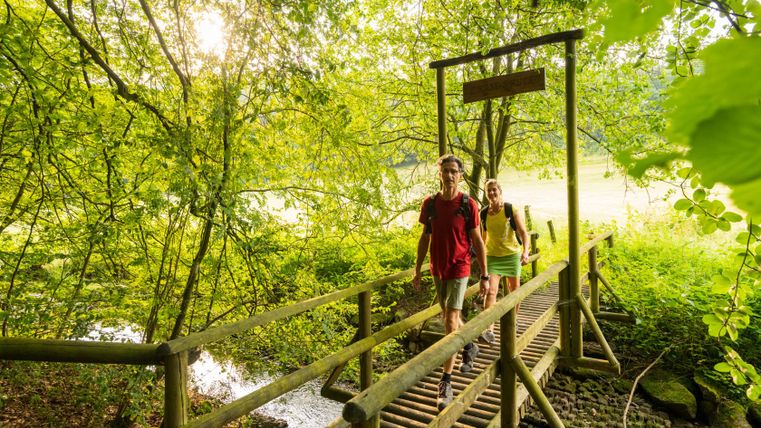 Zwei Wanderer überqueren eine Holzbrücke im Wald.