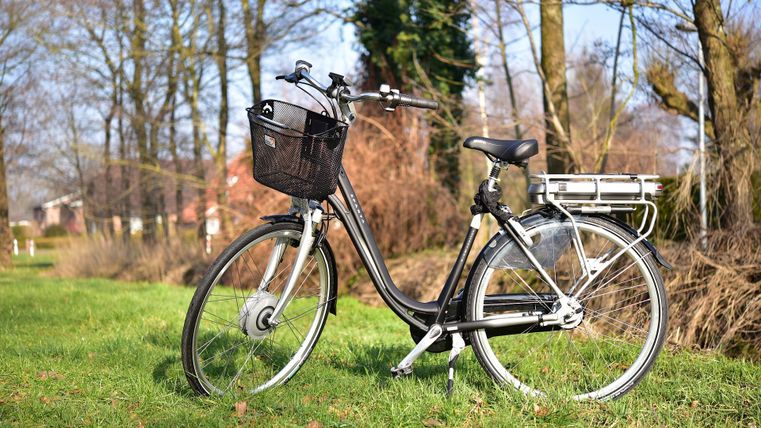 A black bicycle with a basket stands on a green meadow. In the background, trees and a clear sky are visible.