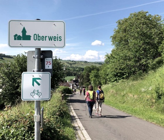 Wanderer auf einem asphaltierten Weg in Oberweis, umgeben von gr&uuml;ner Landschaft. Ein Wegweiser zeigt die Route 75 an., &copy; TI Bitburger Land