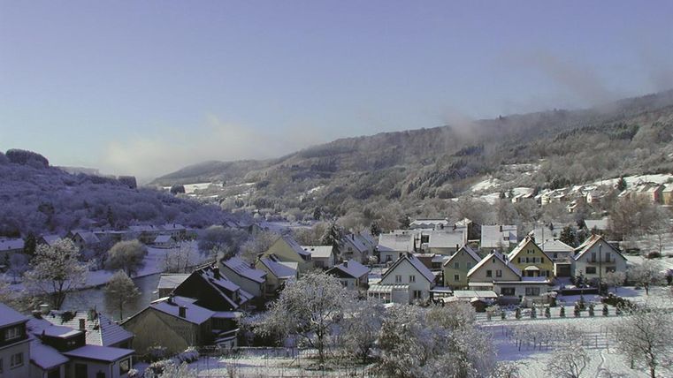 Eine verschneite Landschaft mit einem kleinen Dorf. Die Bäume und Dächer sind von einer dicken Schneeschicht bedeckt.